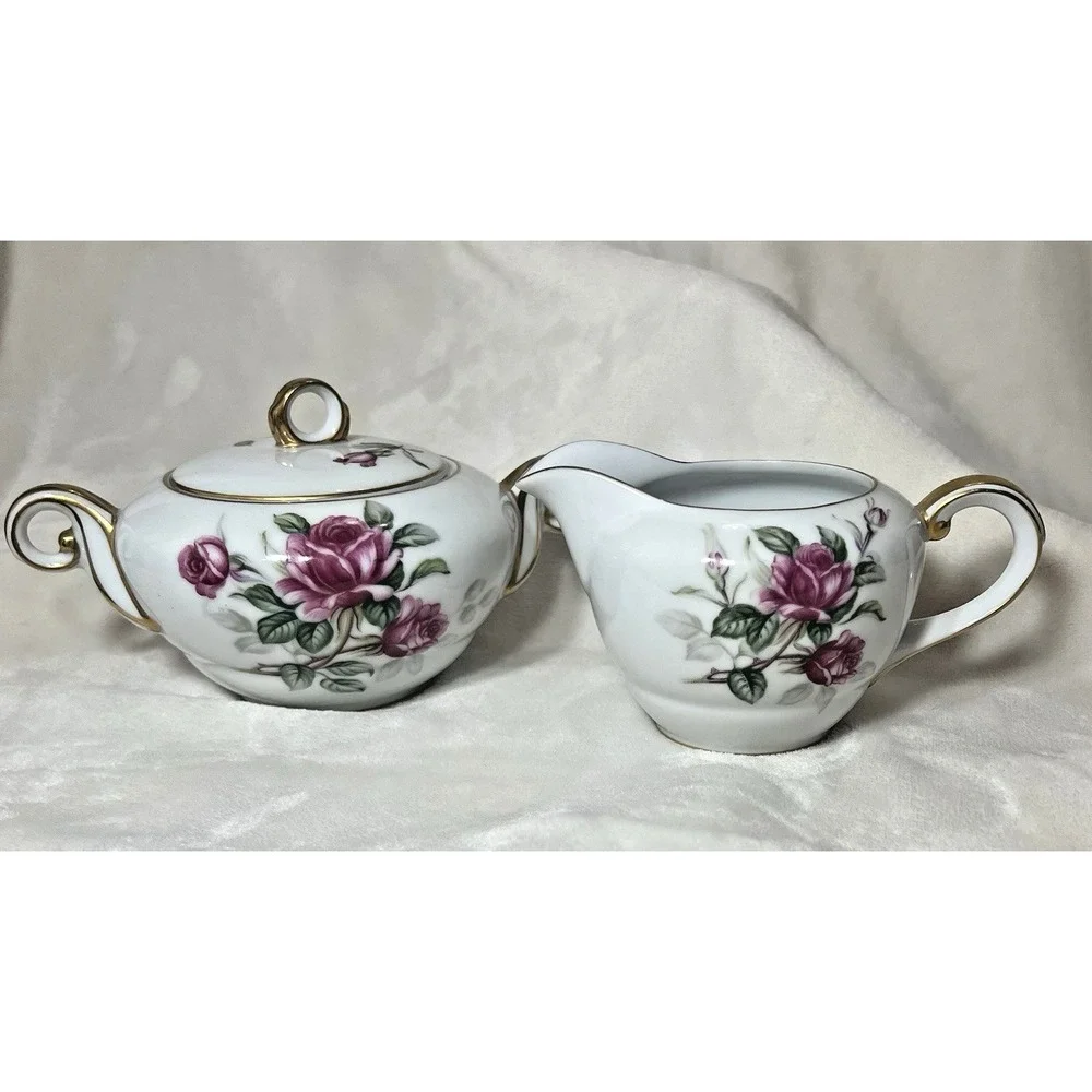 Wentworth China Cameo Rose Creamer and Covered Sugar Bowl Eterna Shape Gold Trim